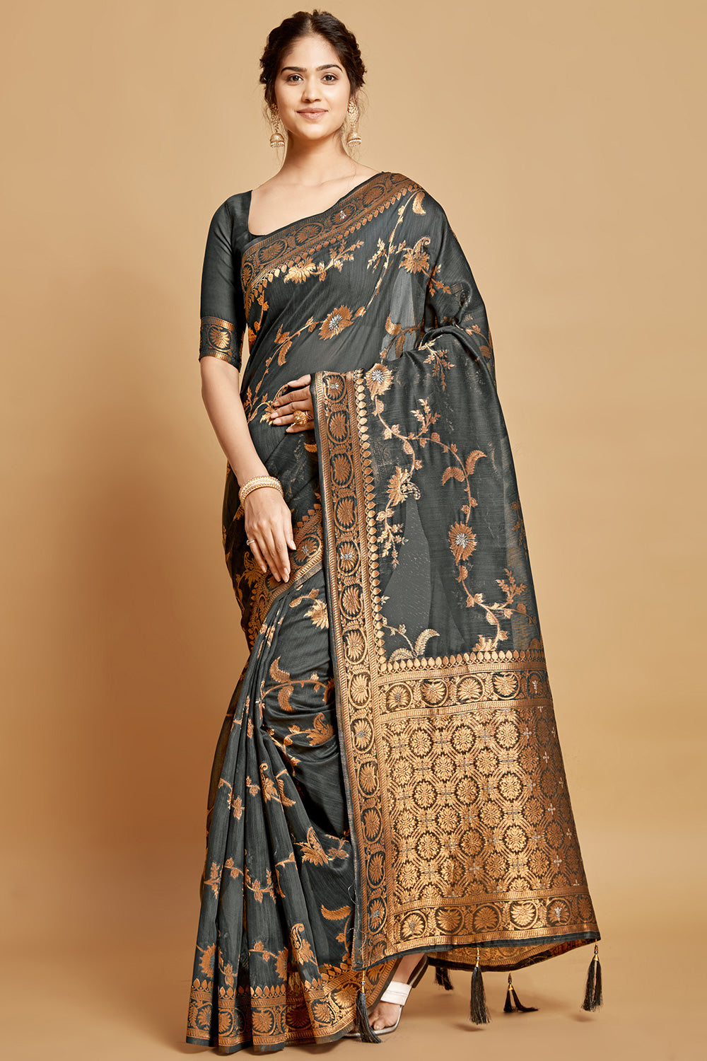 Charcoal Gray Linen Saree With Zari Weaving Work