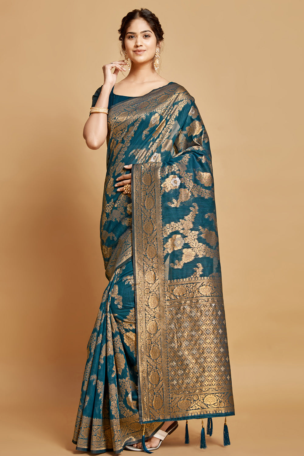 Teal Blue Linen Saree With Zari Weaving Work