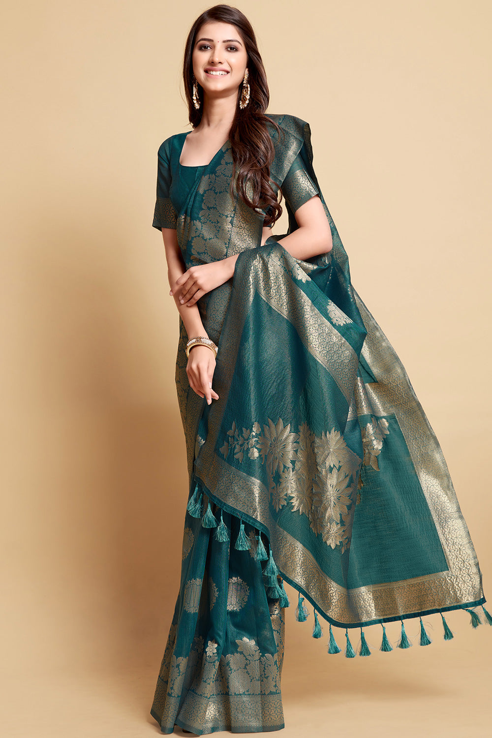 Turquoise Blue Linen Saree With Zari Weaving Work
