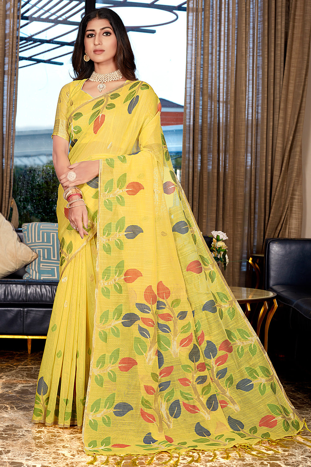 Yellow Linen Silk Saree With Weaving &amp; Printed Work