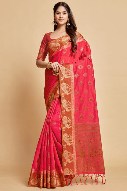 Punch Pink Chanderi Cotton Saree With Weaving Work