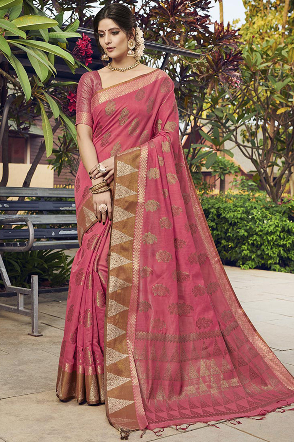 Blush Pink Chanderi Cotton Saree With Weaving Work