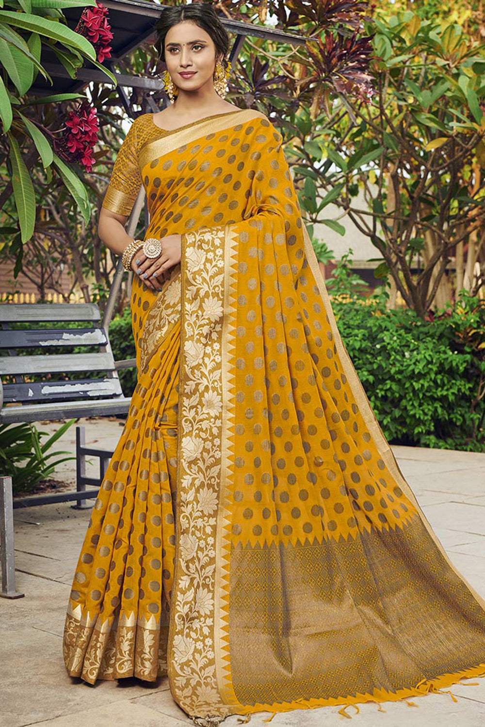 Yellow Chanderi Cotton Saree With Weaving Work