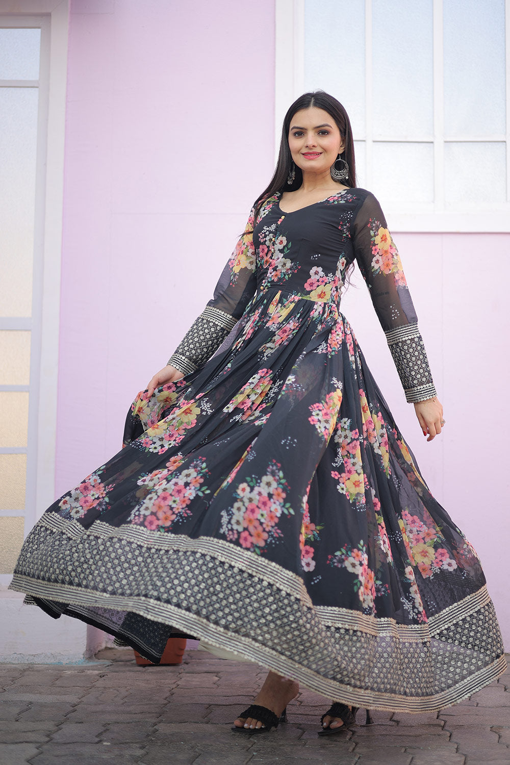 Black Georgette Floral Printed Gown With Embroidery Work