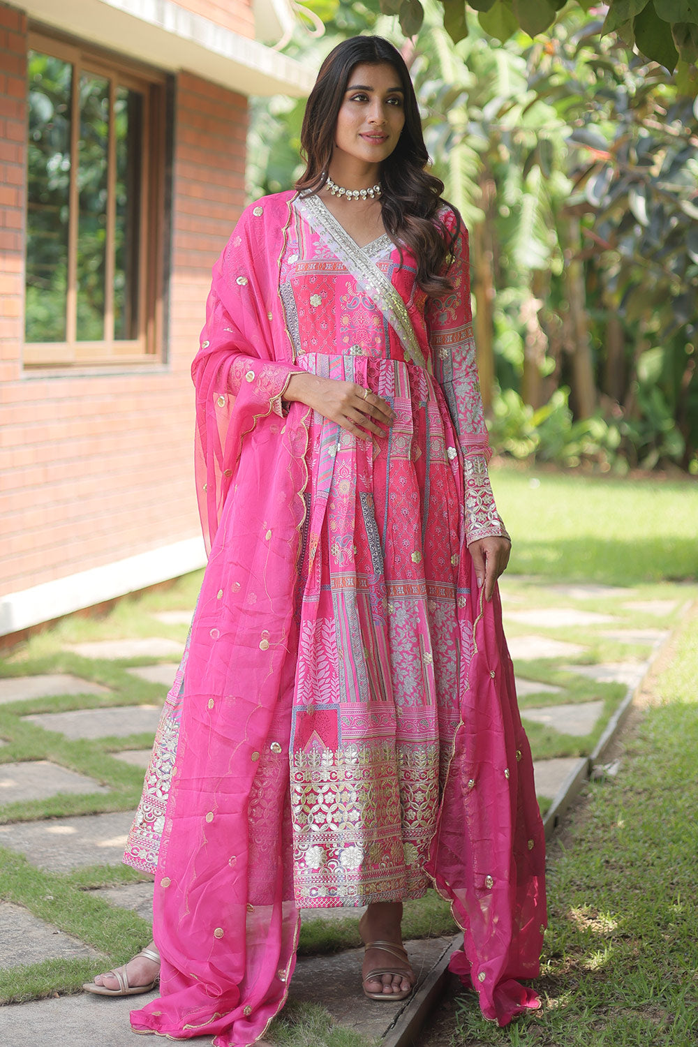 Pink Colour Embroidery Work Gown With Dupatta