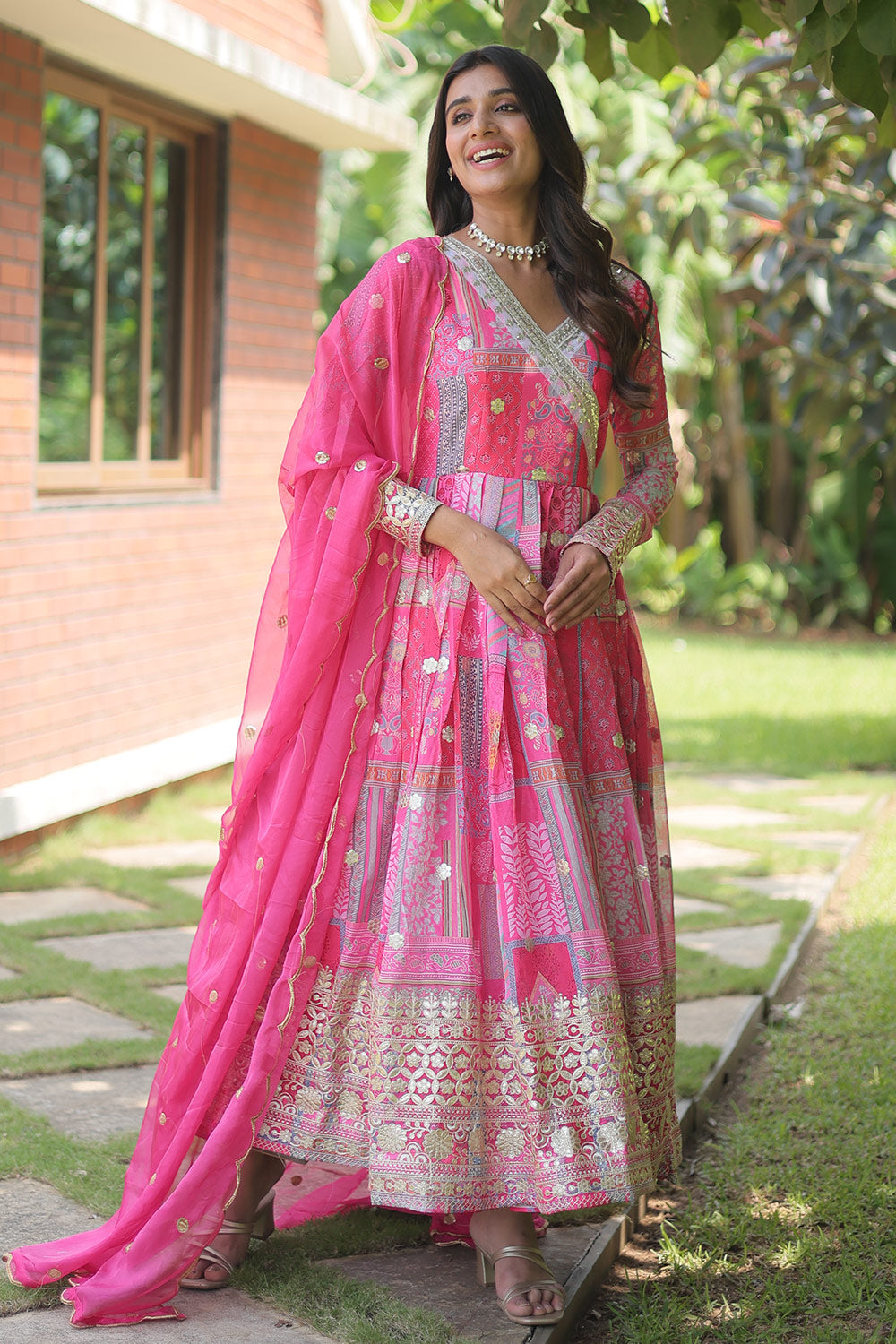 Pink Colour Embroidery Work Gown With Dupatta