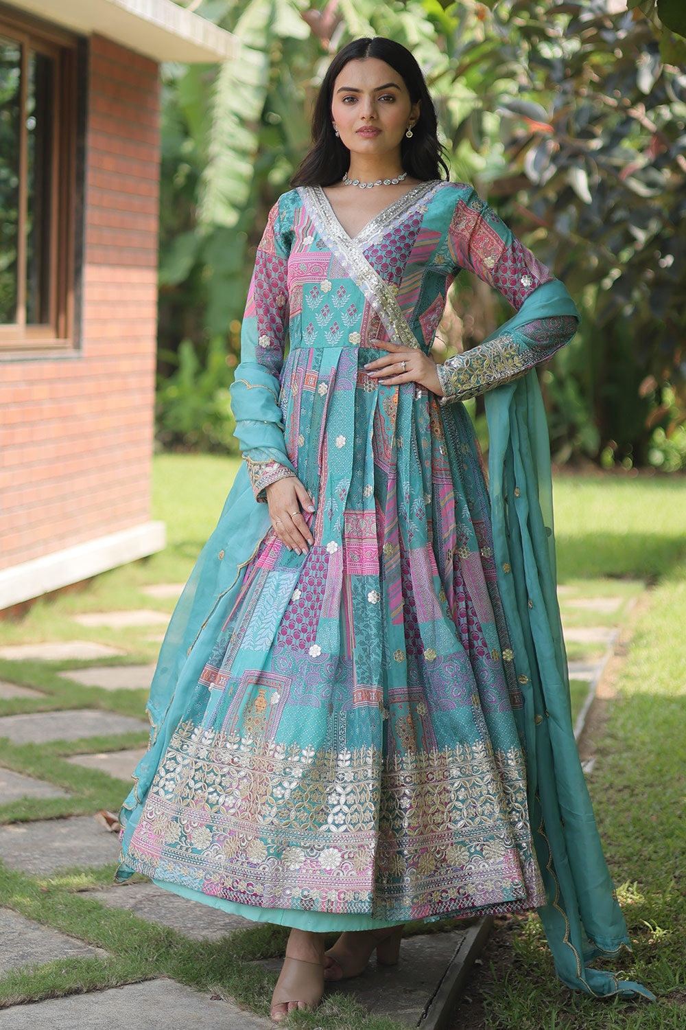 Sky Blue Digital Printed Embroidery Work Gown With Dupatta