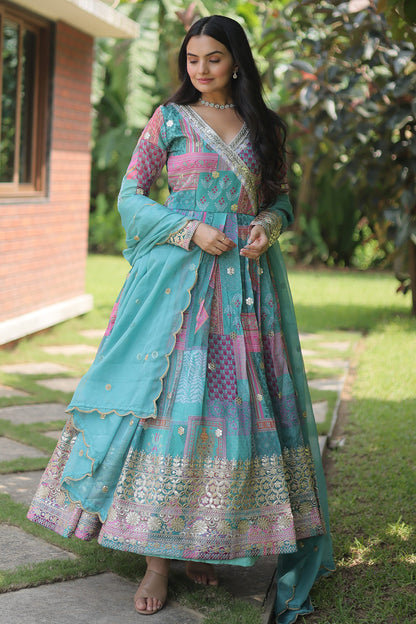 Sky Blue Digital Printed Embroidery Work Gown With Dupatta