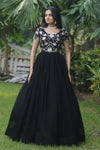 Black Faux Blooming Georgette Gown With Sequins work