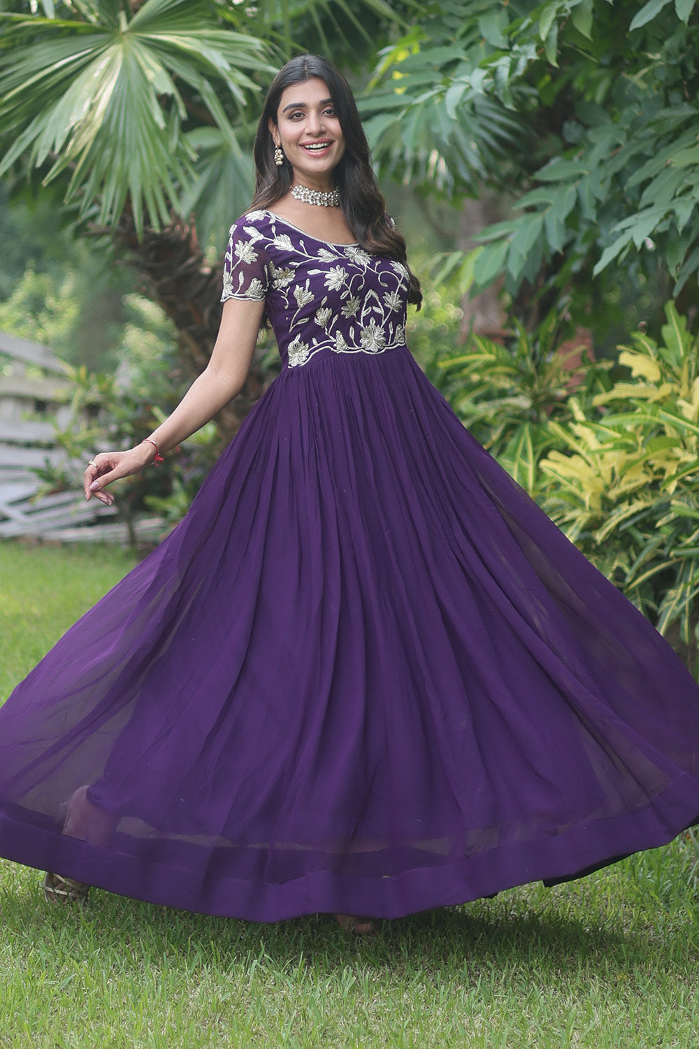 Purple Colour Faux Blooming Georgette Gown