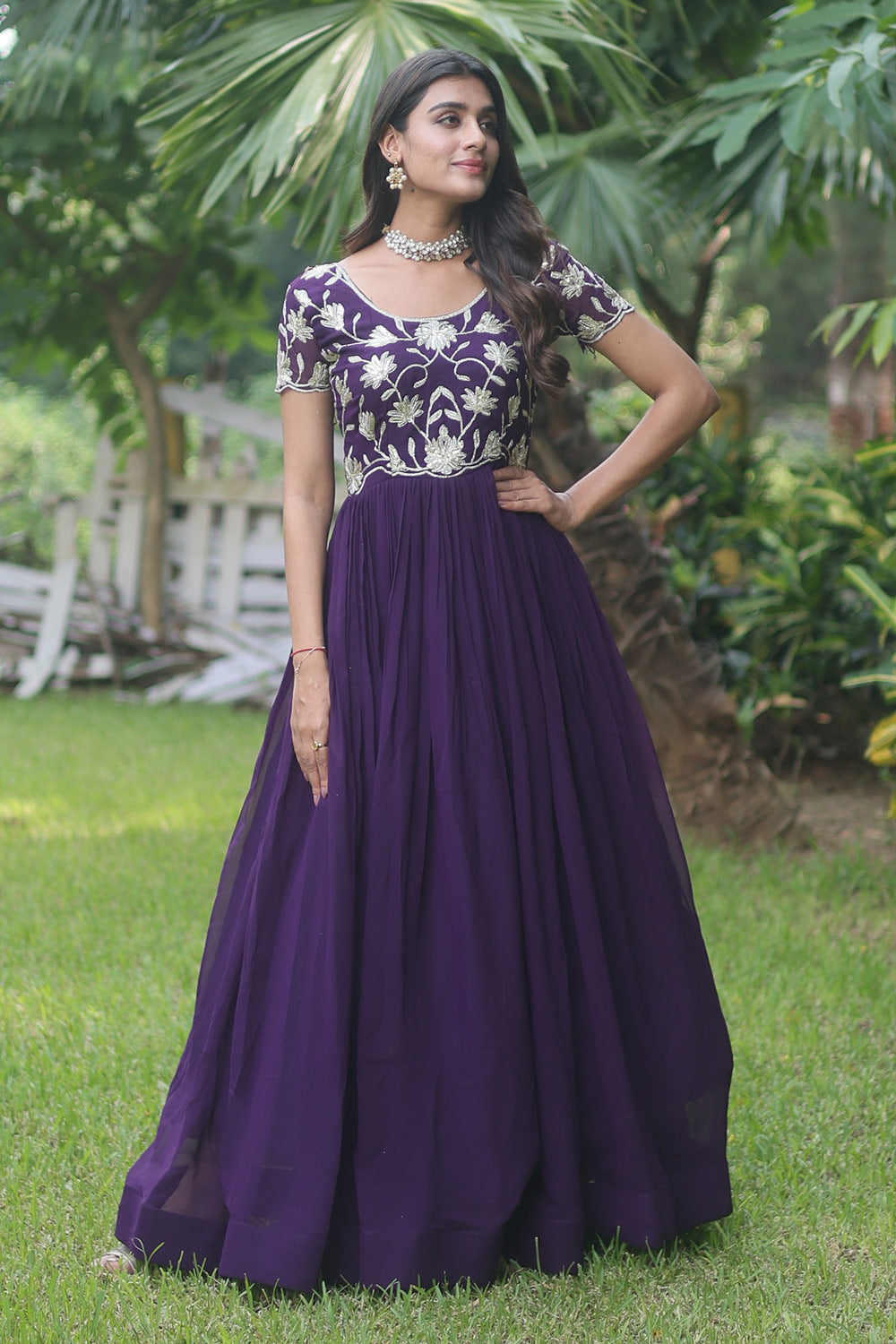 Purple Colour Faux Blooming Georgette Gown