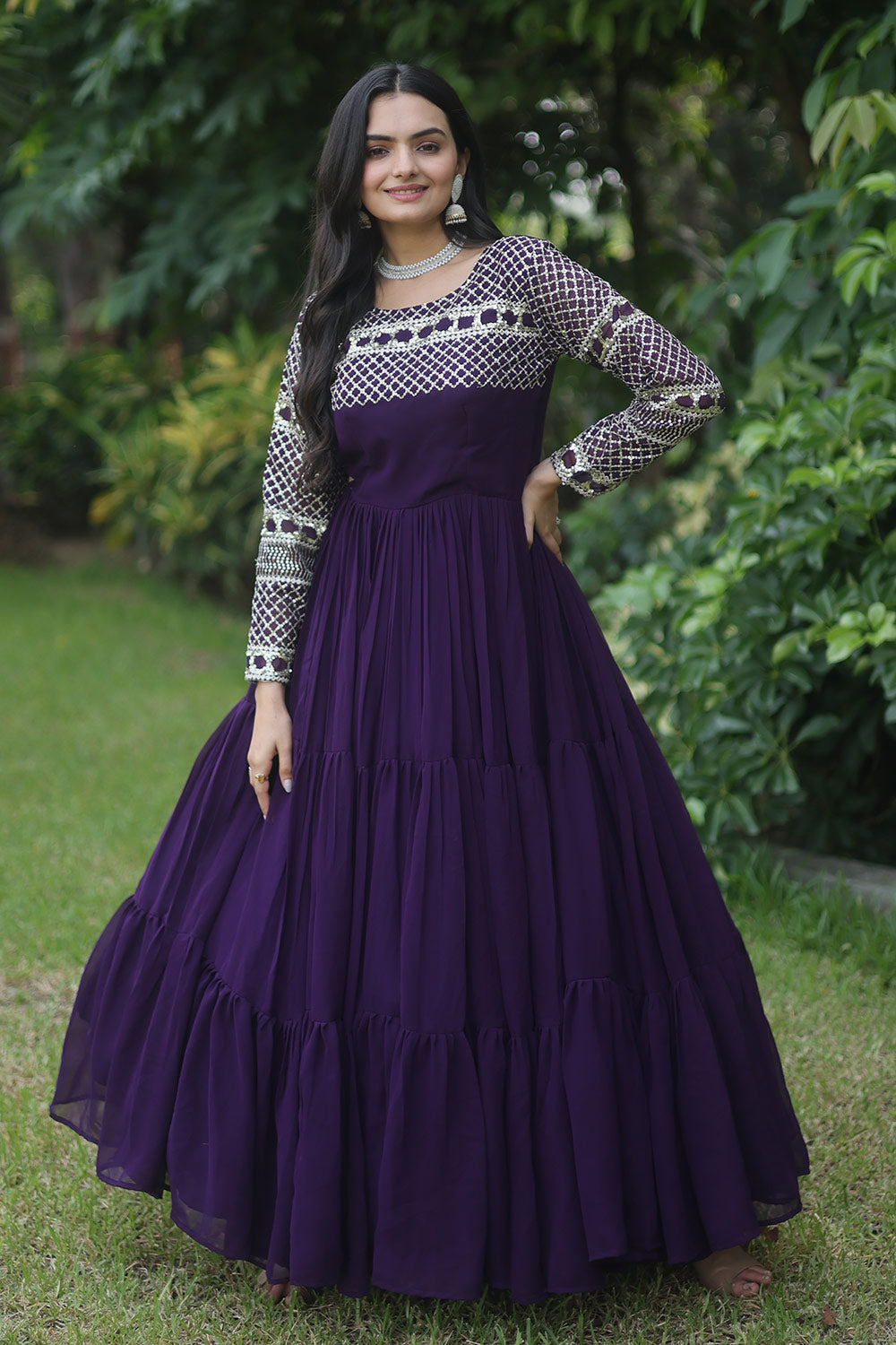 Dark Purple Faux Blooming Georgette Gown