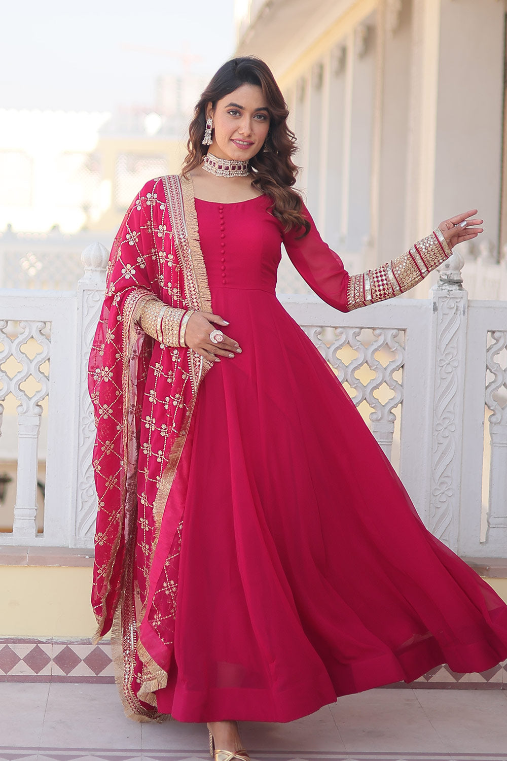 Pink Attractive Embroidered Sequins work with Lace Border Gown