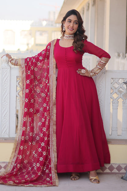 Pink Attractive Embroidered Sequins work with Lace Border Gown