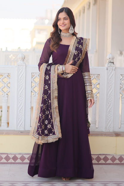 Purple Attractive Embroidered Sequins work with Lace Border Gown
