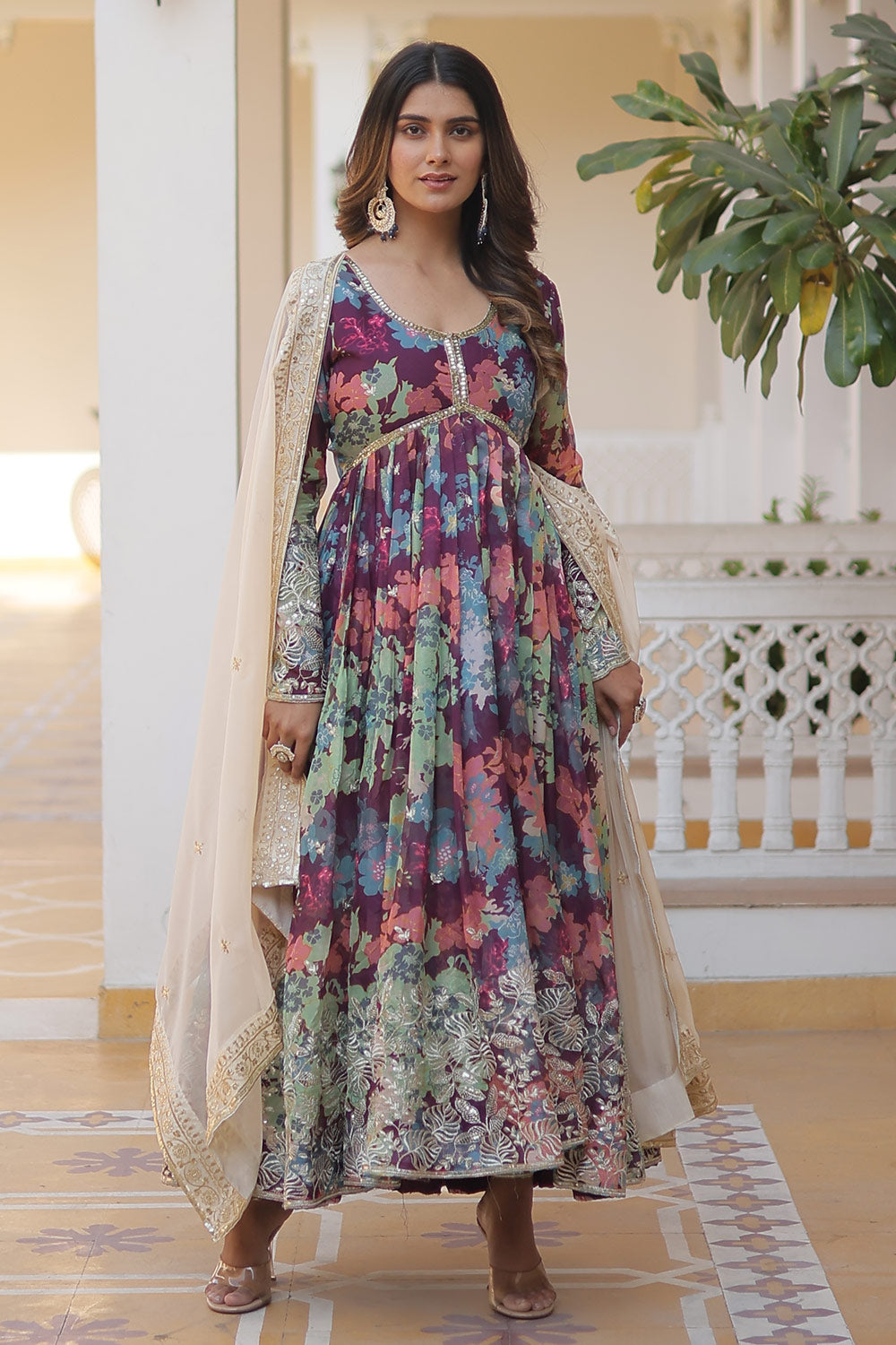 Purple Russian Silk Digital Print Gown With Dupatta