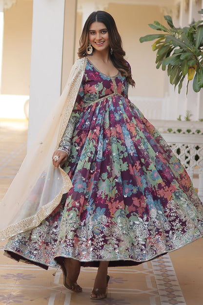 Purple Russian Silk Digital Print Gown With Dupatta