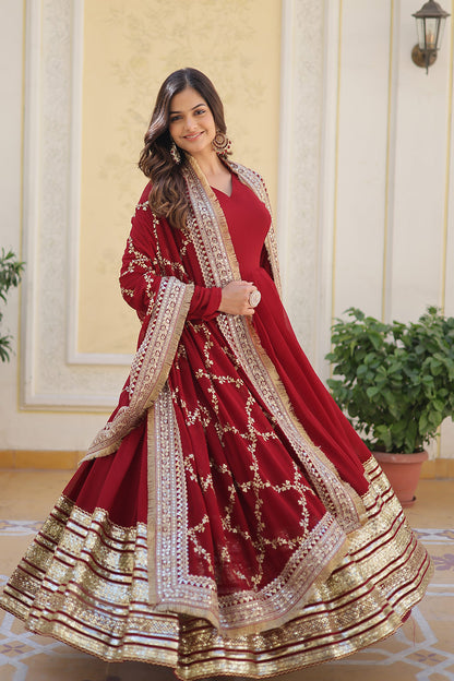 Maroon Faux Blooming with Embroidery Zari Sequins work Gown