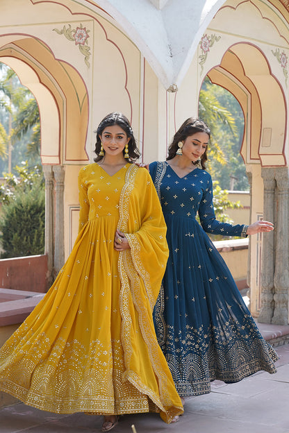Yellow Georgette with Zari &amp; Sequins Embroidery Gown With Dupatta
