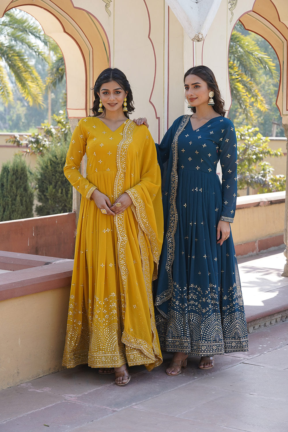 Yellow Georgette with Zari &amp; Sequins Embroidery Gown With Dupatta