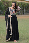 Black Faux Georgette with Rich Floral Print Work Gown