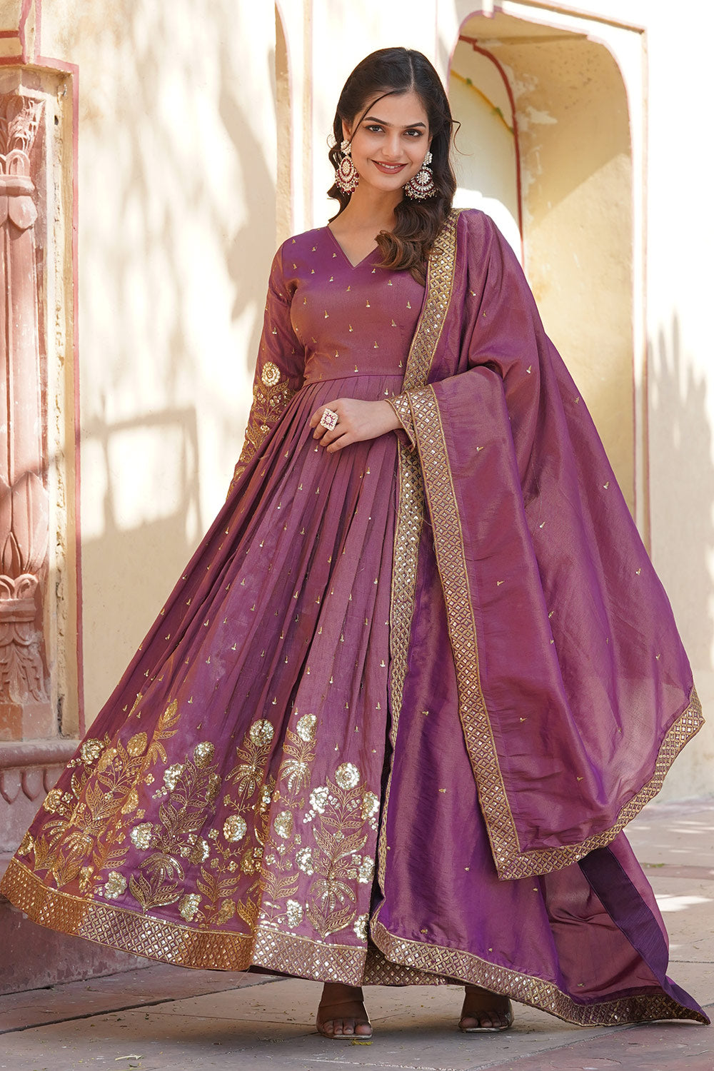 Purple Viscose Cosmos With  Embroidery Zari Sequins Work