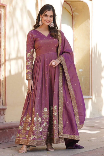 Purple Viscose Cosmos With  Embroidery Zari Sequins Work