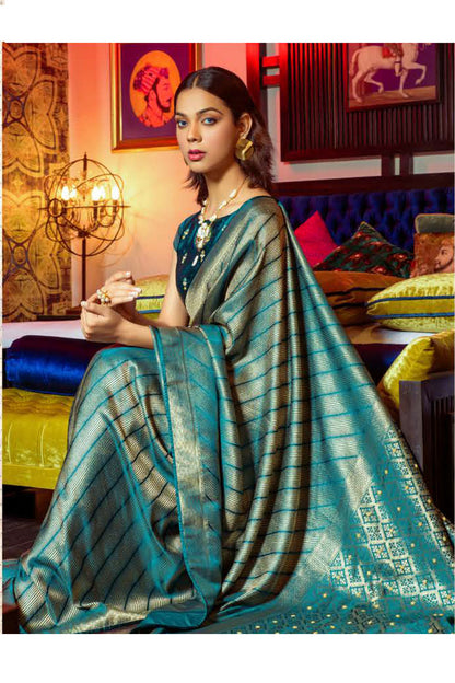 Teal Blue Colour Satin Silk Zari Weaving Saree