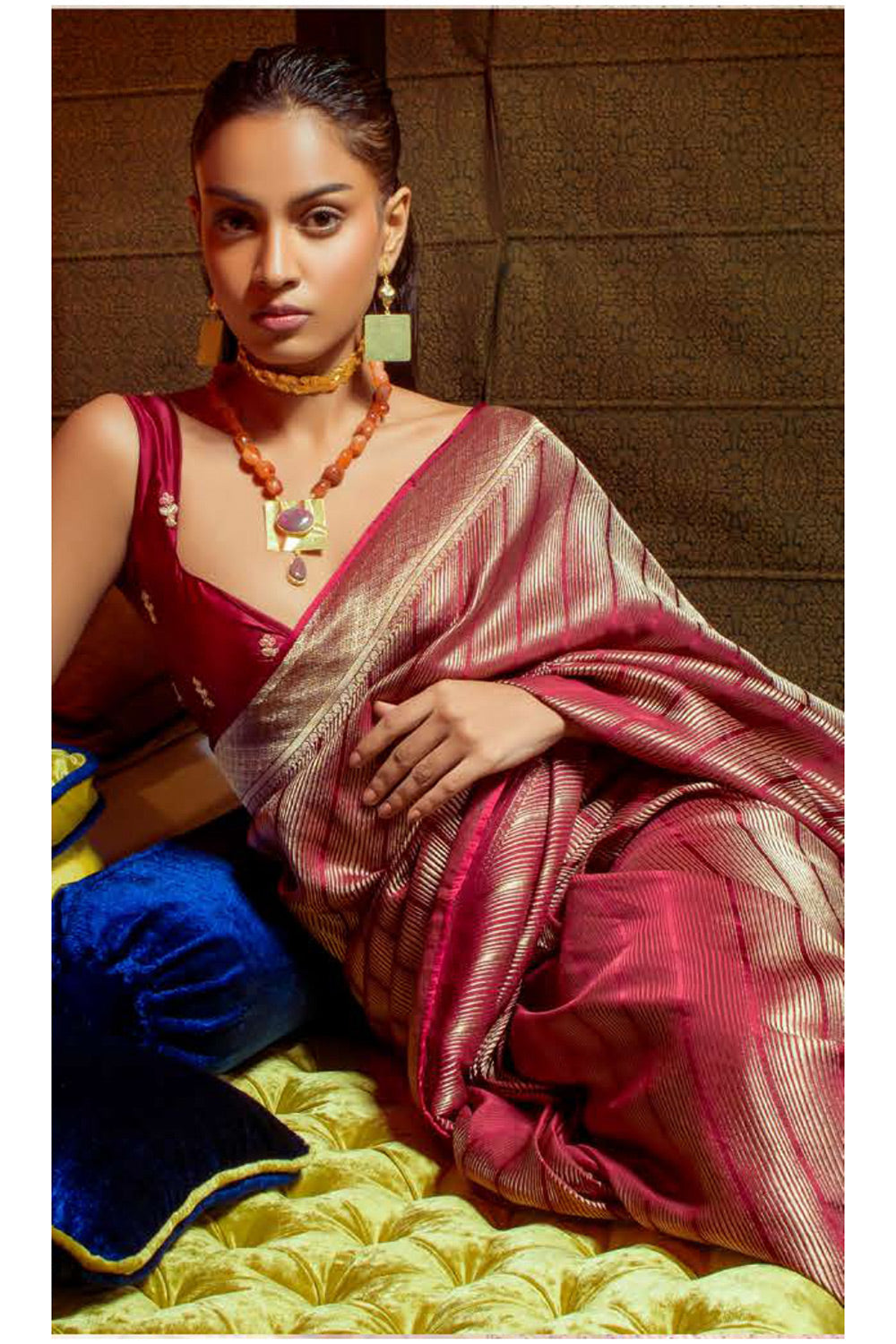 Brick Pink Colour Satin Silk Saree With Matching Blouse
