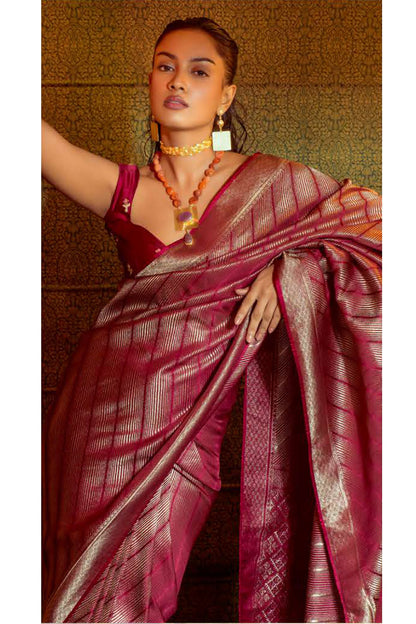 Brick Pink Colour Satin Silk Saree With Matching Blouse