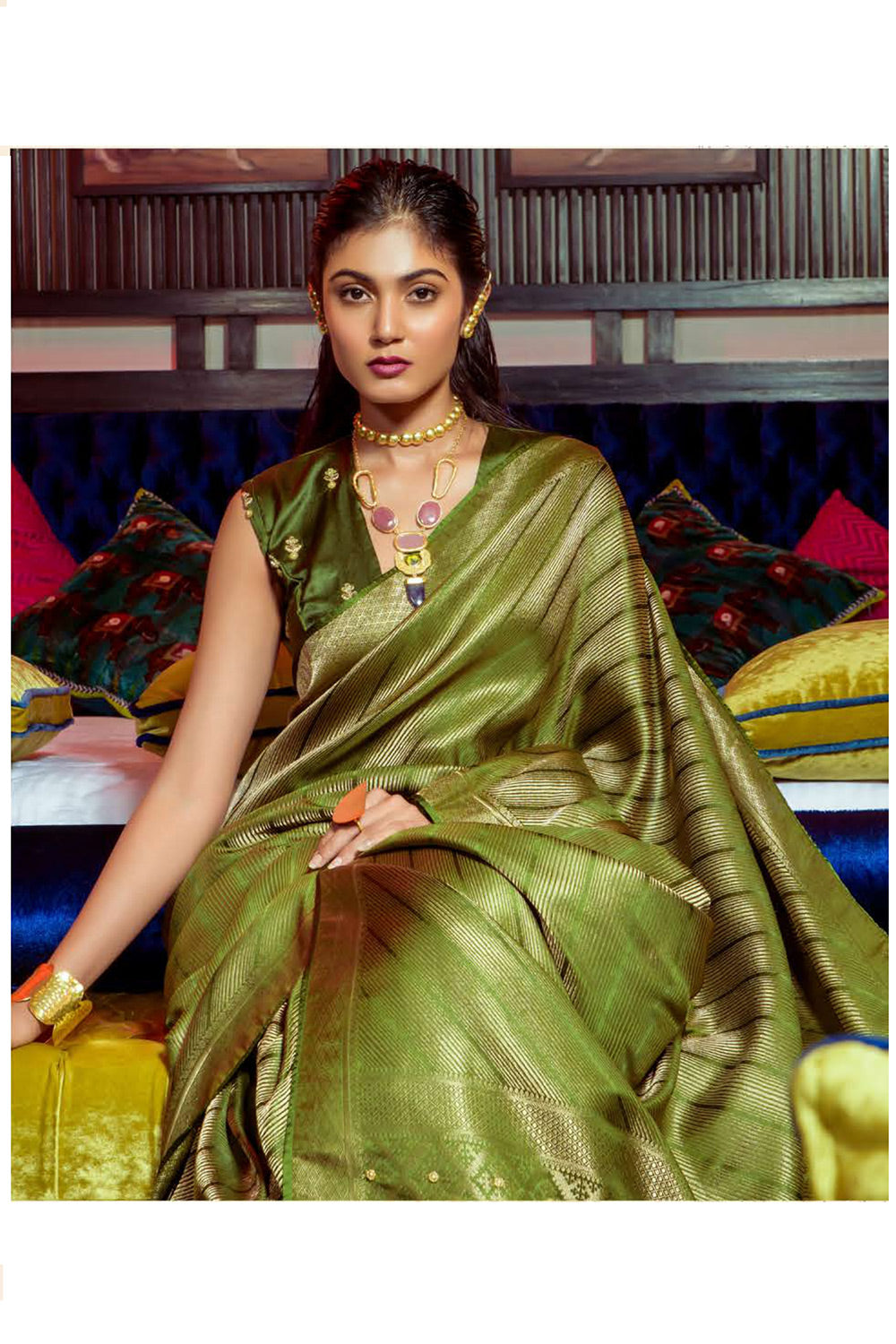 Fern Green Colour Satin Silk Saree With Matching Blouse