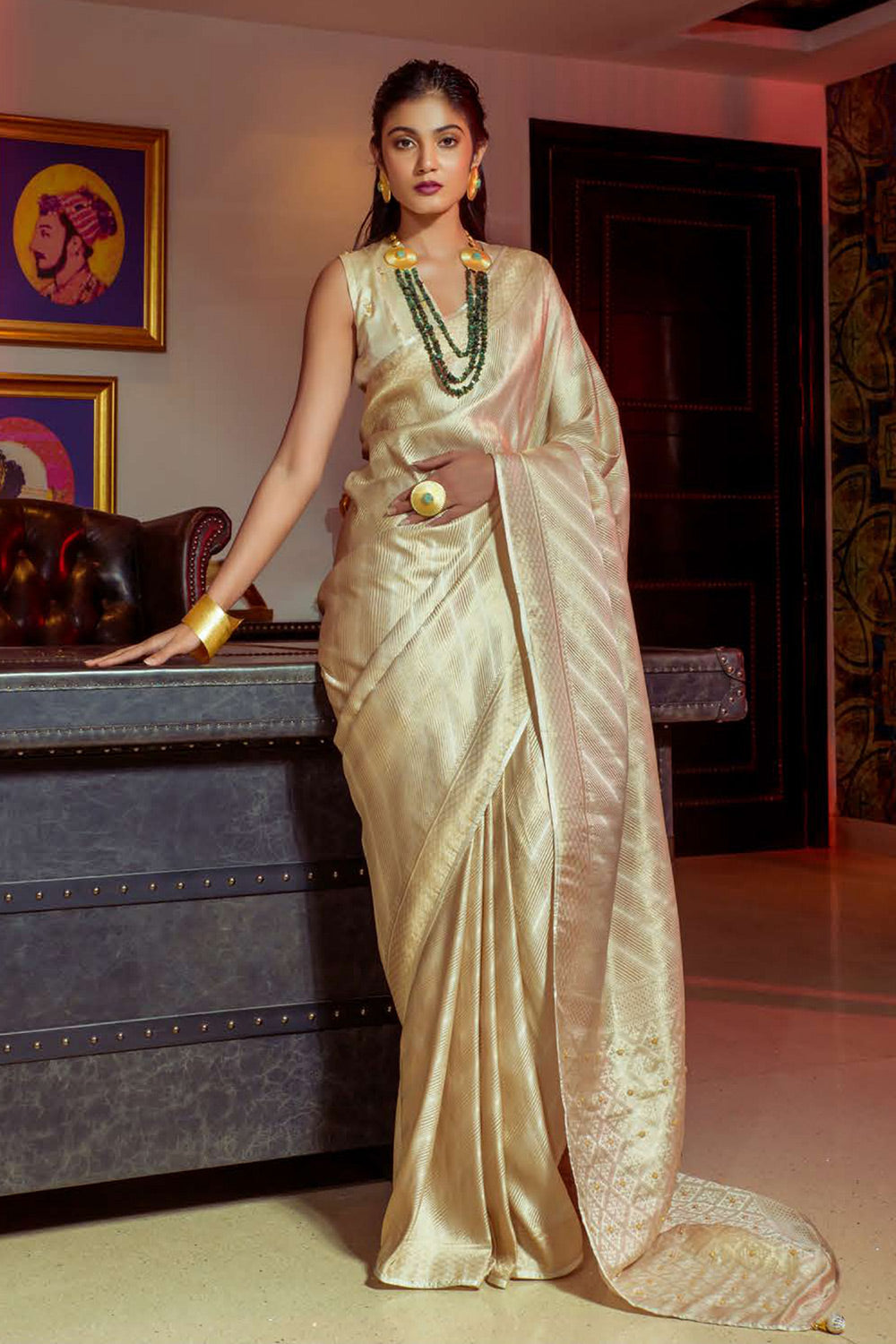 Cream Colour Satin Silk Zari Weaving Saree
