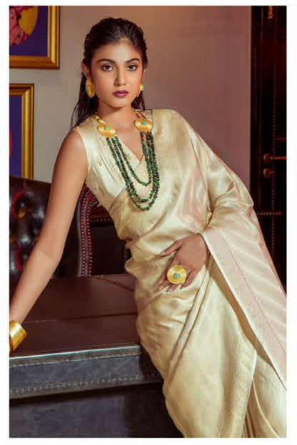 Cream Colour Satin Silk Zari Weaving Saree