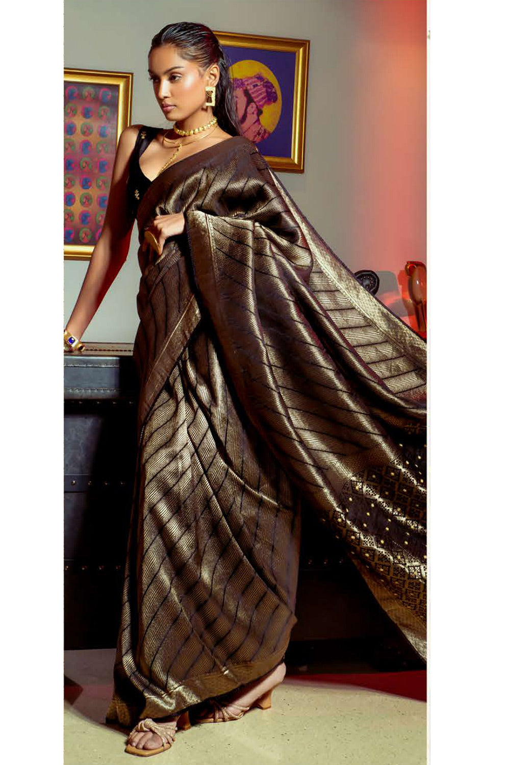 Classic Black Colour Satin Silk Zari Weaving Saree