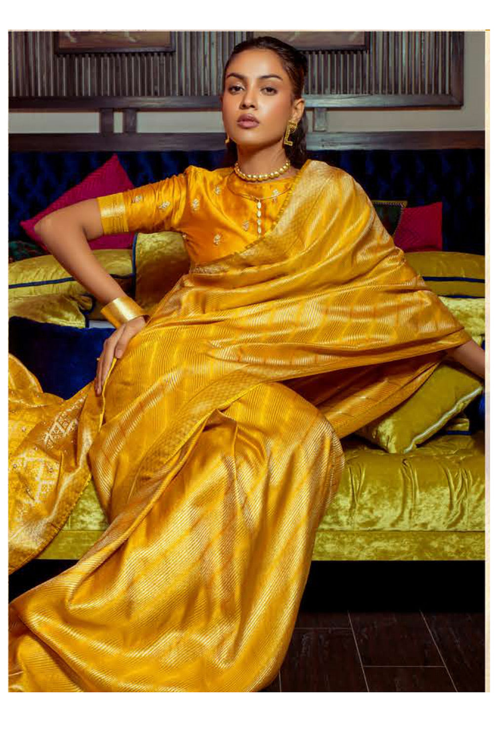 Yellow Satin Silk Zari Weaving Saree With Blouse
