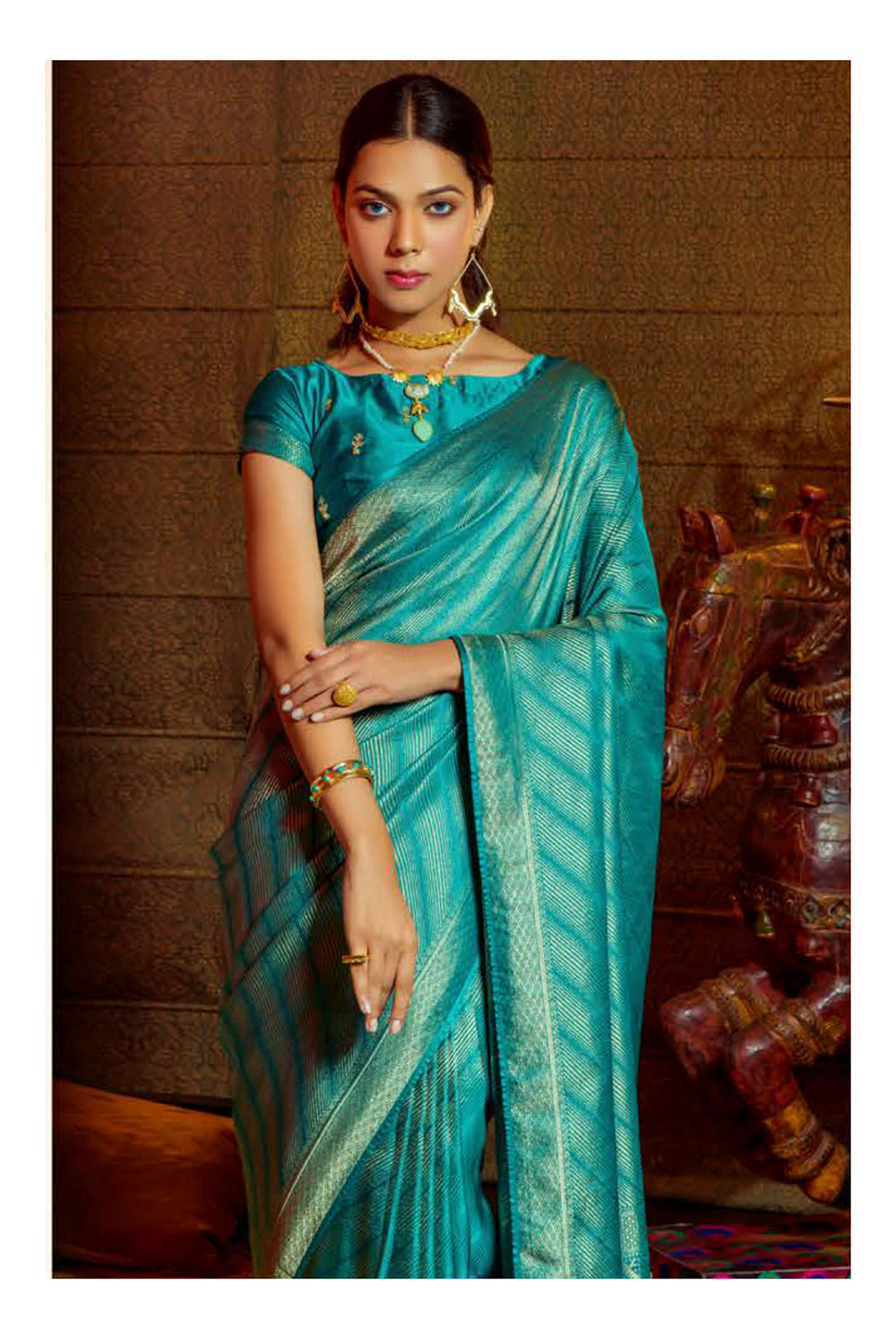Cerulean Blue Satin Silk Zari Weaving Saree With Blouse
