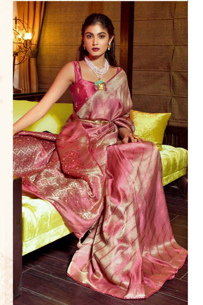 Flamingo Pink Satin Silk Saree With Zari Weaving Work
