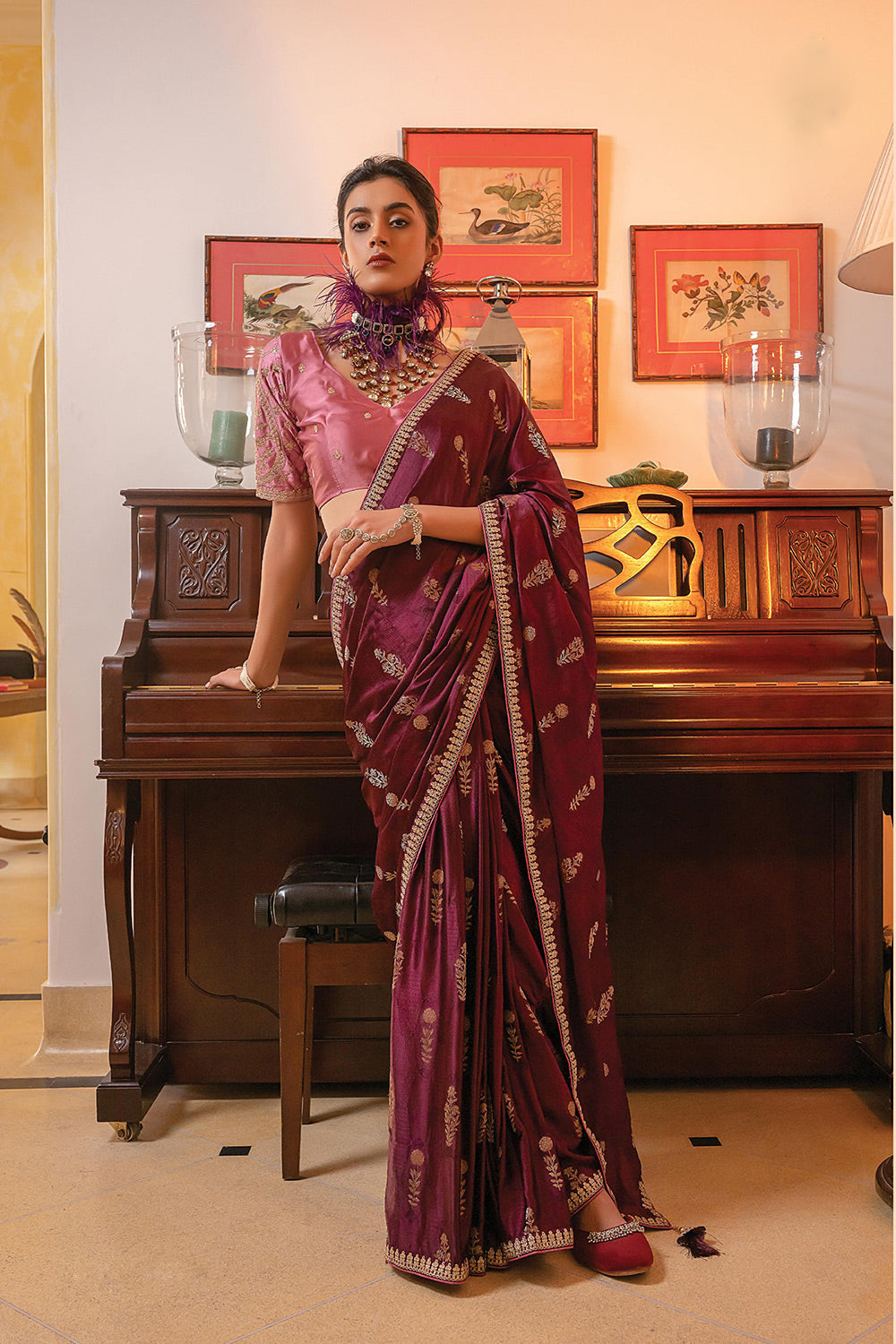 Purple Colour Satin Silk Embroidered Work Saree