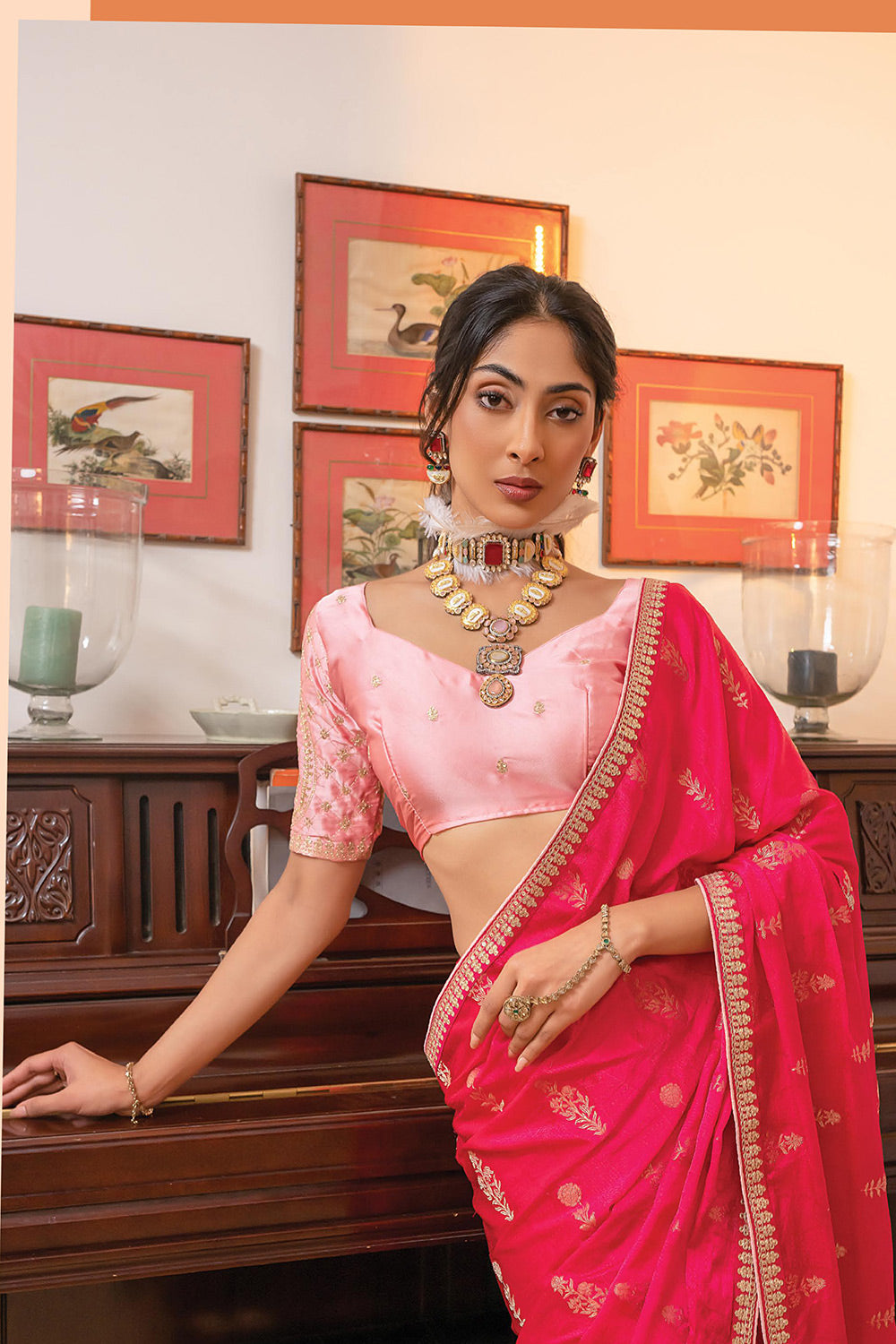 Hot Pink Colour Satin Silk Embroidered Work Saree