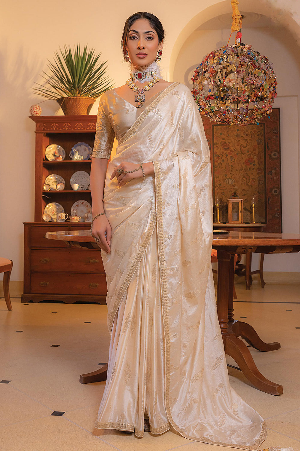 White Colour Satin Saree With Embroidered Blouse