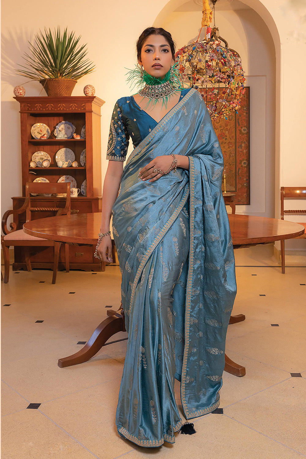 Blue Colour Viscose Satin Saree With  Embroidered Blouse