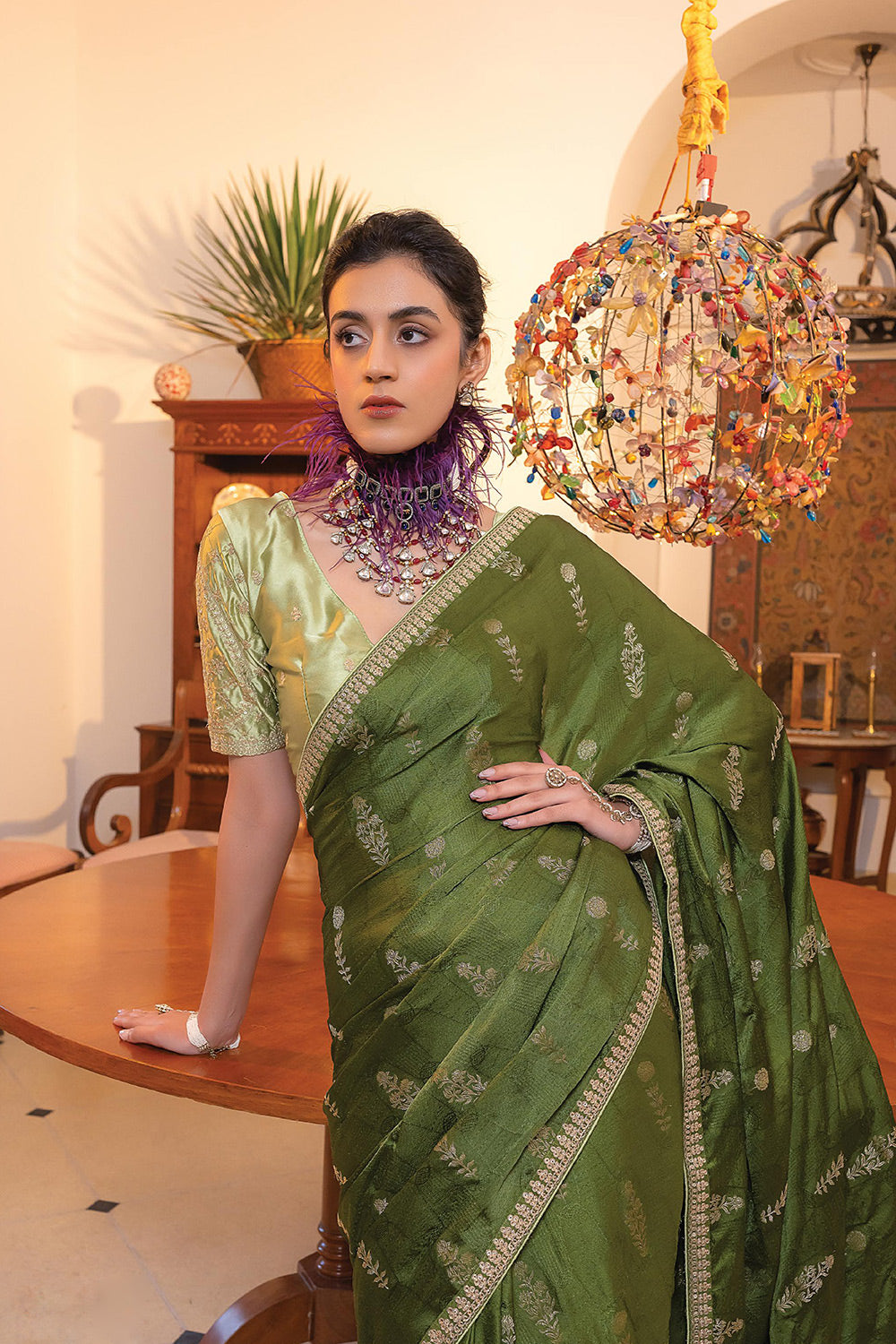 Green Colour Viscose Satin Silk Saree