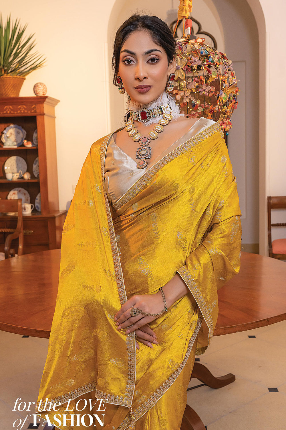 Yellow Colour Viscose Satin Embroidered Work Saree