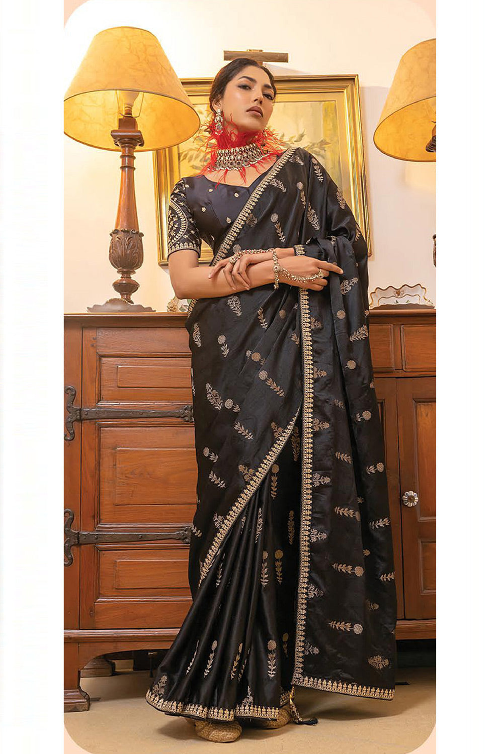 Beautiful Black  Colour Viscose Satin Saree