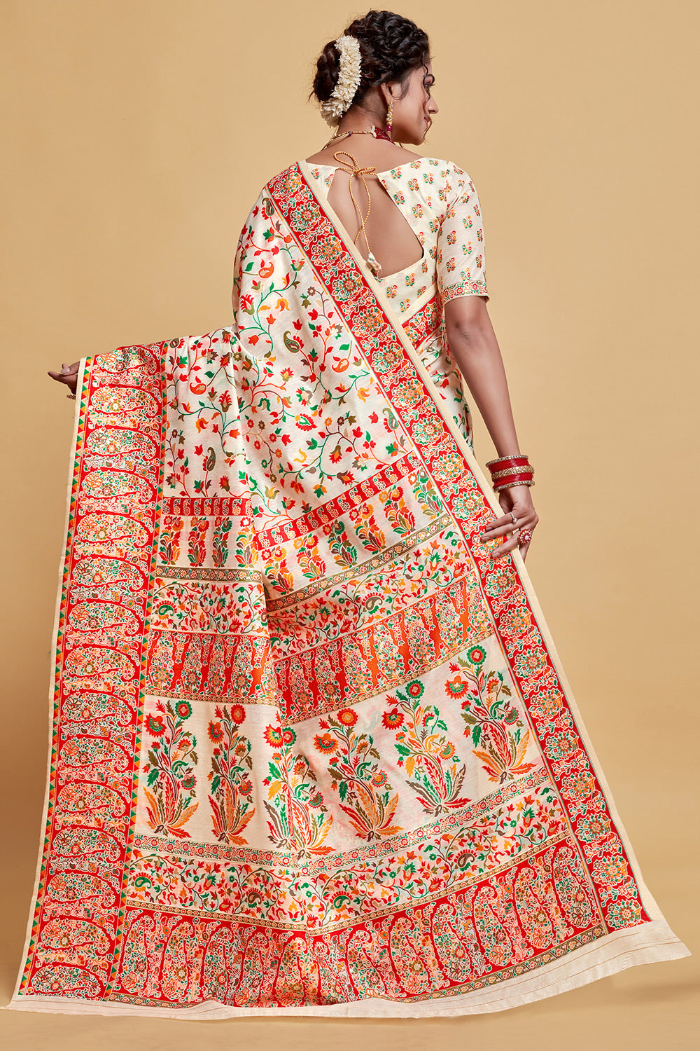 White Pashmina Modal Silk Pashmina Weaving Saree