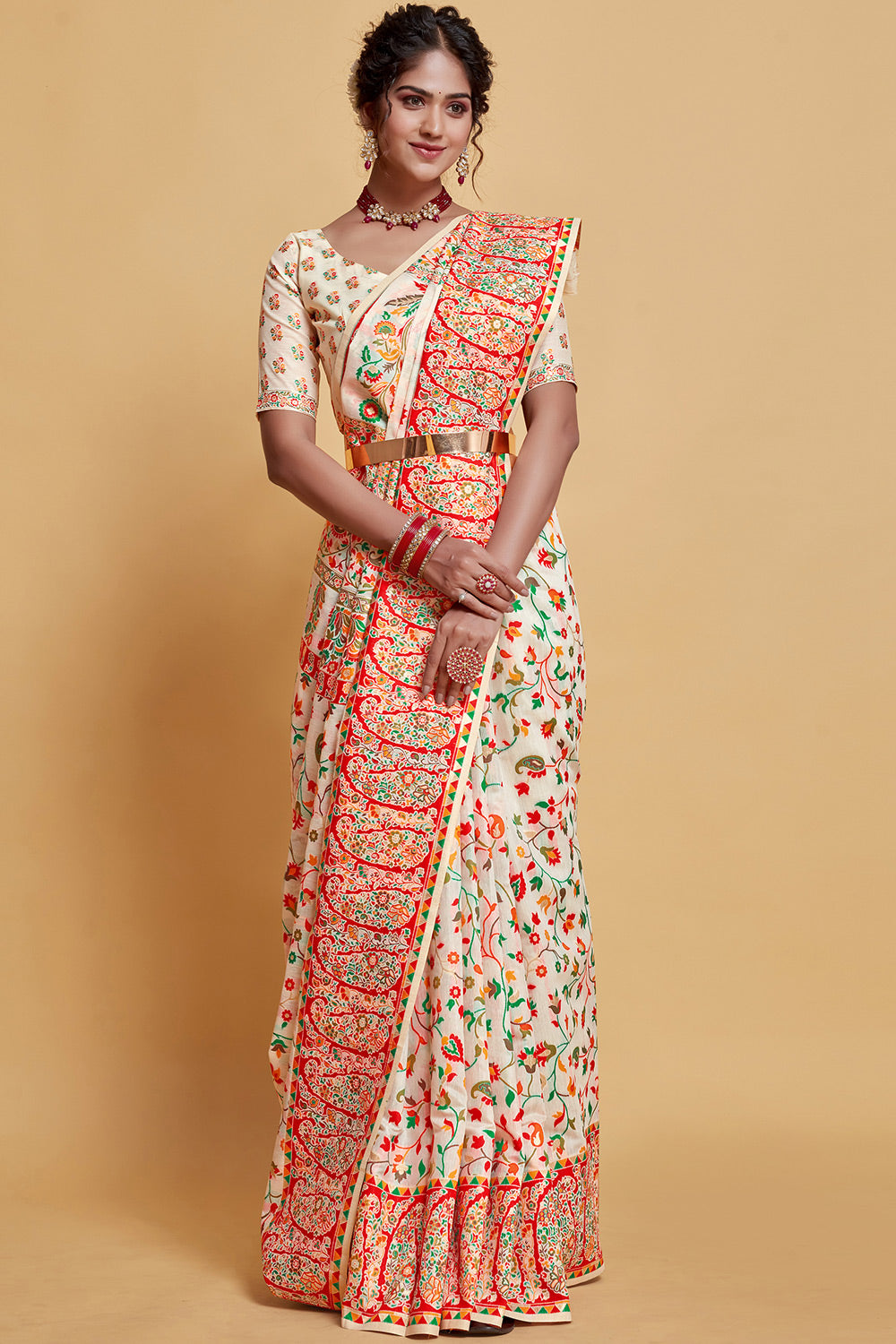 White Pashmina Modal Silk Pashmina Weaving Saree