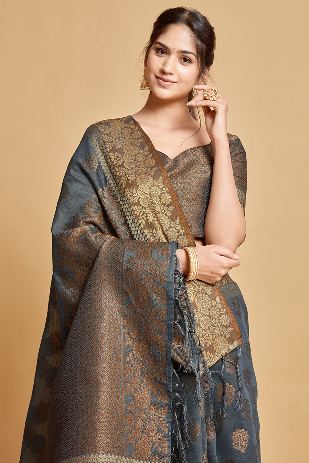 Gray Chanderi Cotton Saree With Weaving Work