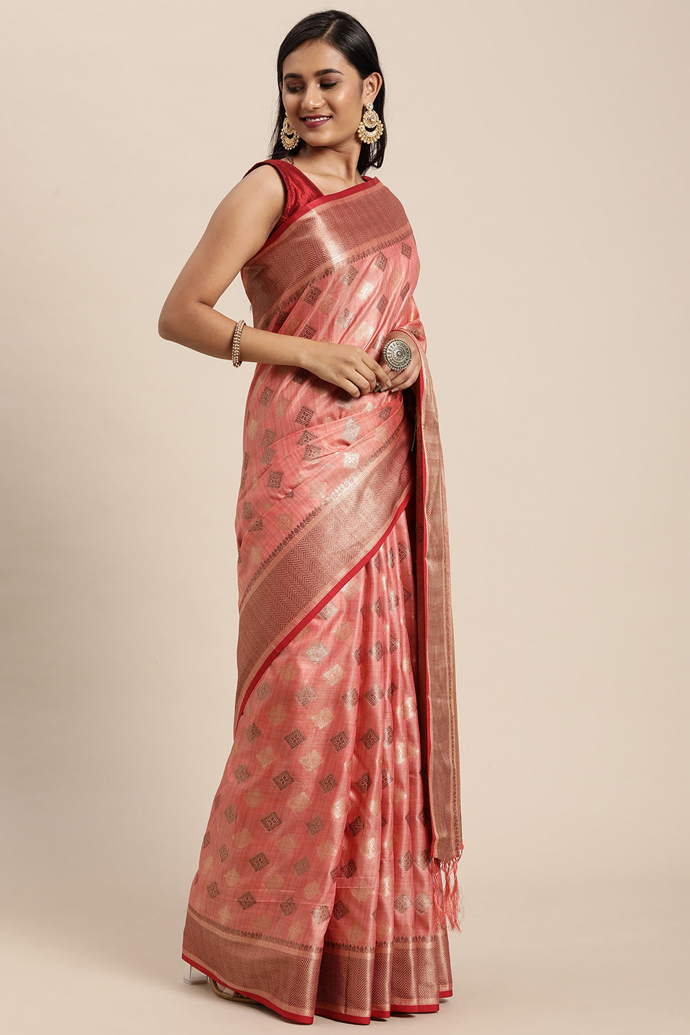 Pink Chanderi Cotton Saree With Weaving Work