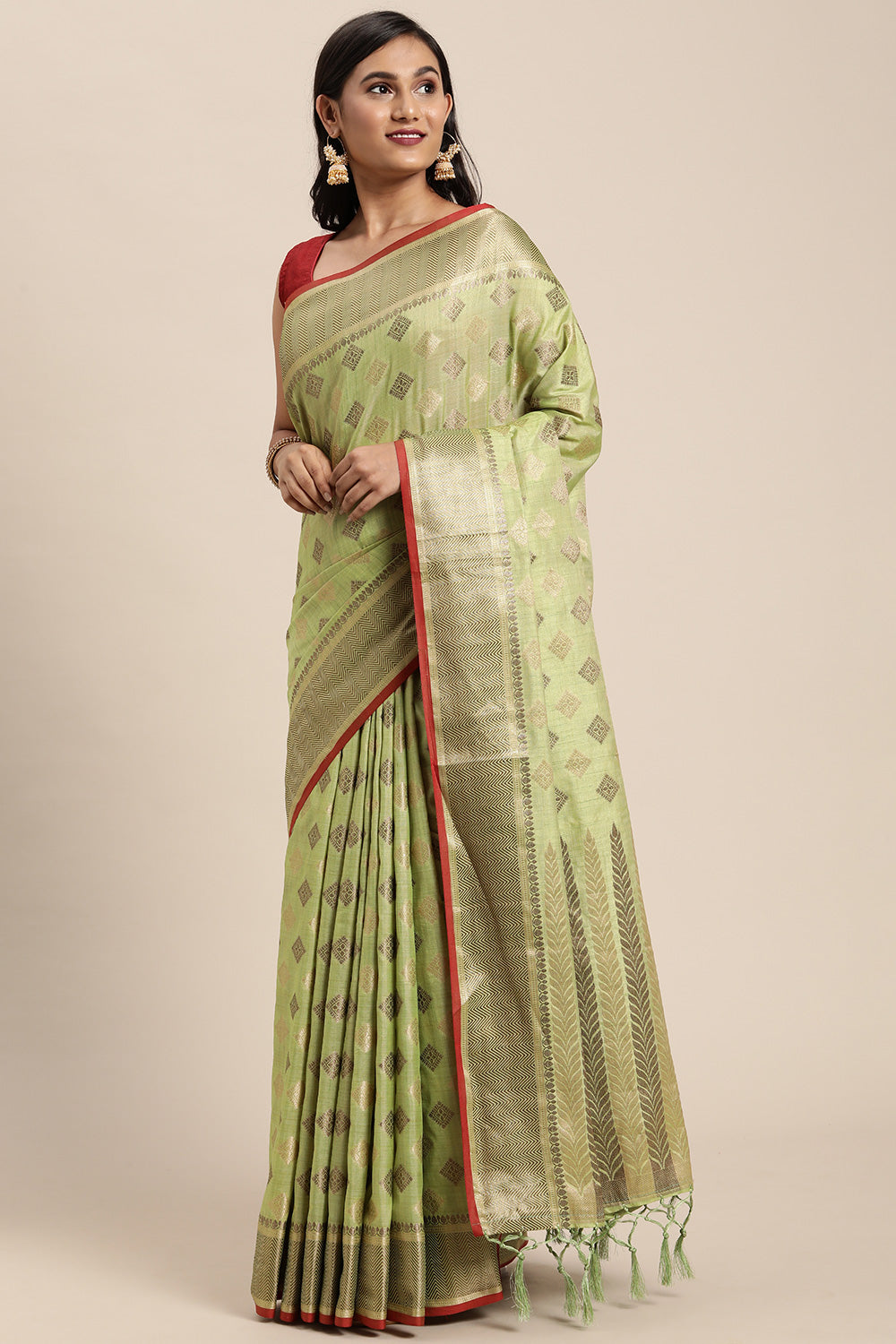 Pista Green Chanderi Cotton Saree With Weaving Work