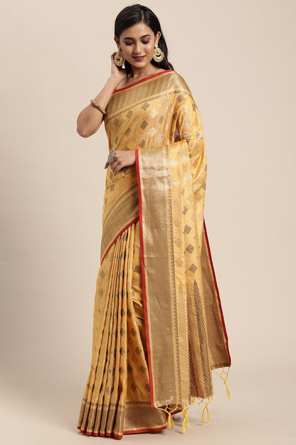 Yellow Chanderi Cotton With Weaving Saree
